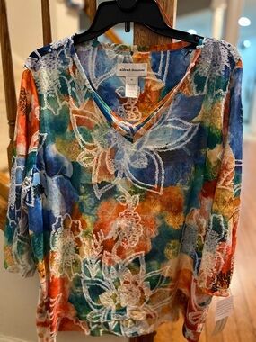 Alfred Dunner Multicolor Floral V-Neck Tunic in Blue, Green, Orange, White